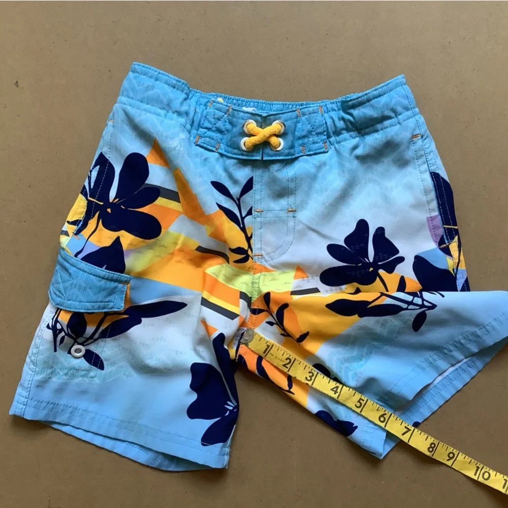 Blue and Orange Patterned Swim Trunk Shorts